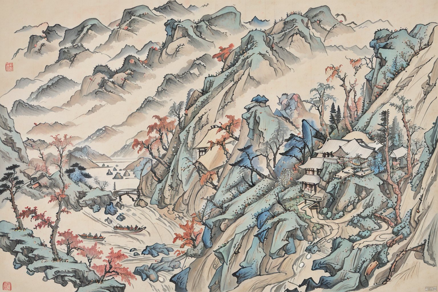  Chinese style ink landscape painting, trees, mountains, rivers, huts, boats, gf