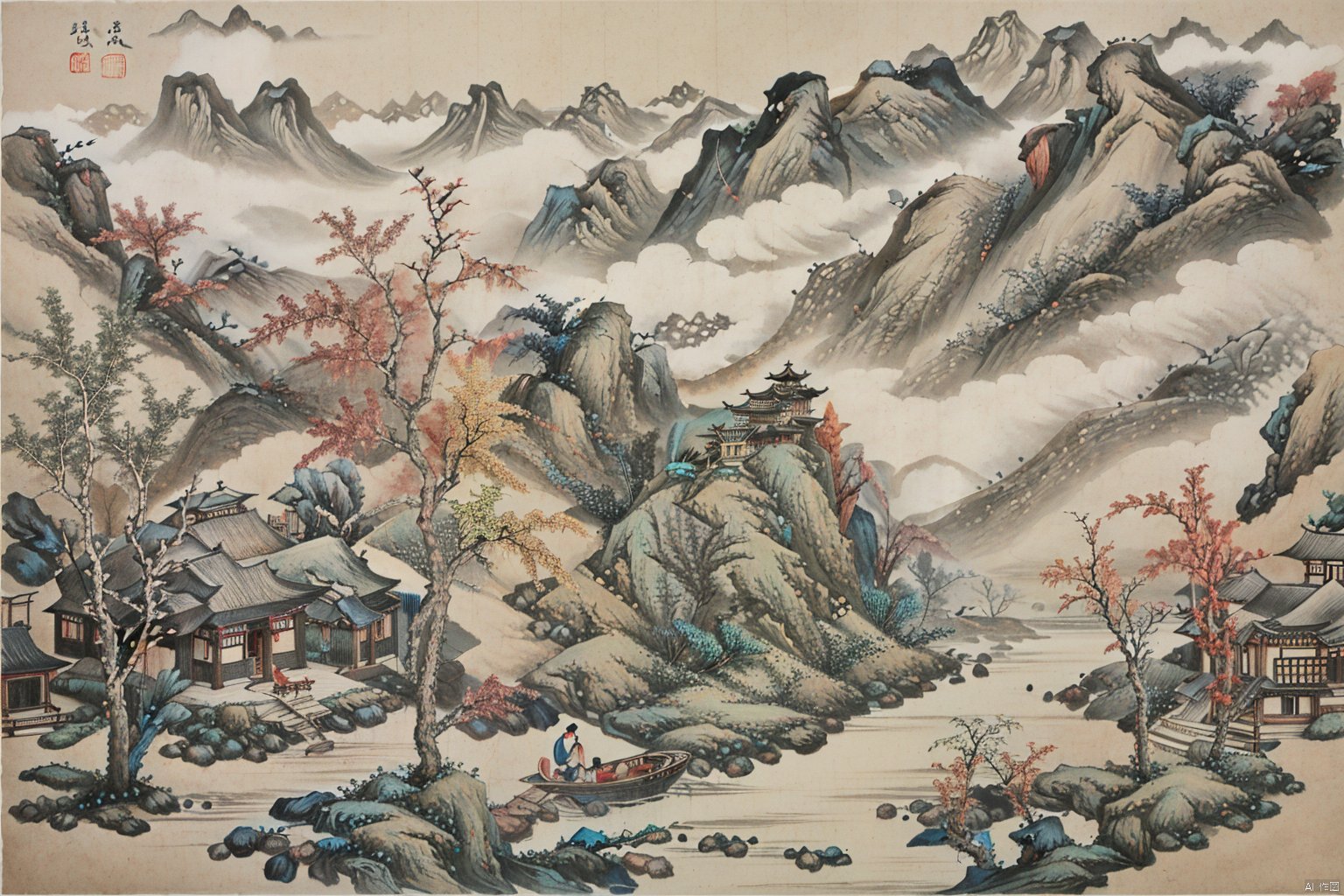 Chinese style ink landscape painting, trees, mountains, rivers, huts, boats, gf