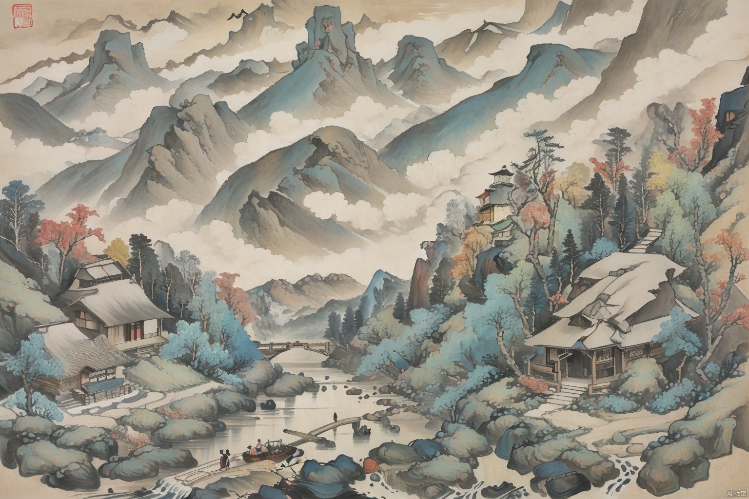  Chinese style ink landscape painting, trees, mountains, rivers, huts, boats, gf, Ancient costume