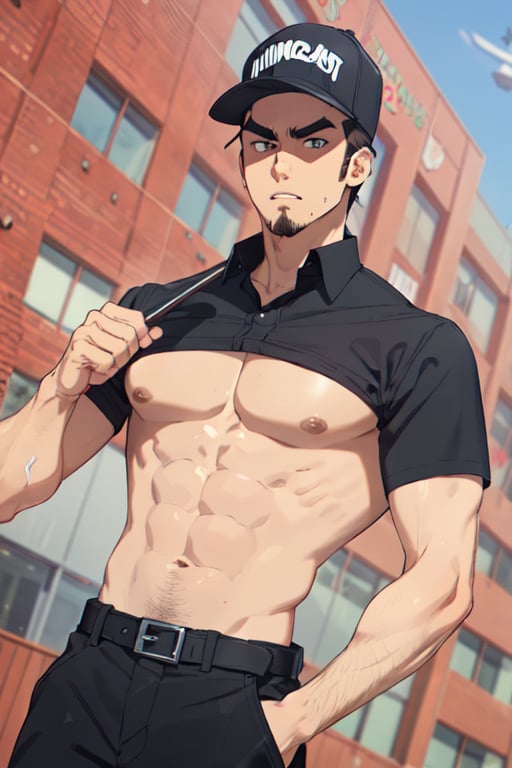 solo male, Memory T Cell\(Cells at Work\), tan skin, brown eyes, intense eyes, angled eyebrows, goatee, sideburns, black uniform, black collared shirt, black pants, (wearing cap, black cap), boots, mature, handsome, charming, alluring, fit, silm, slender, standing, upper body, perfect anatomy, perfect proportions, best quality, masterpiece, high_resolution, dutch angle, cowboy shot, photo background
