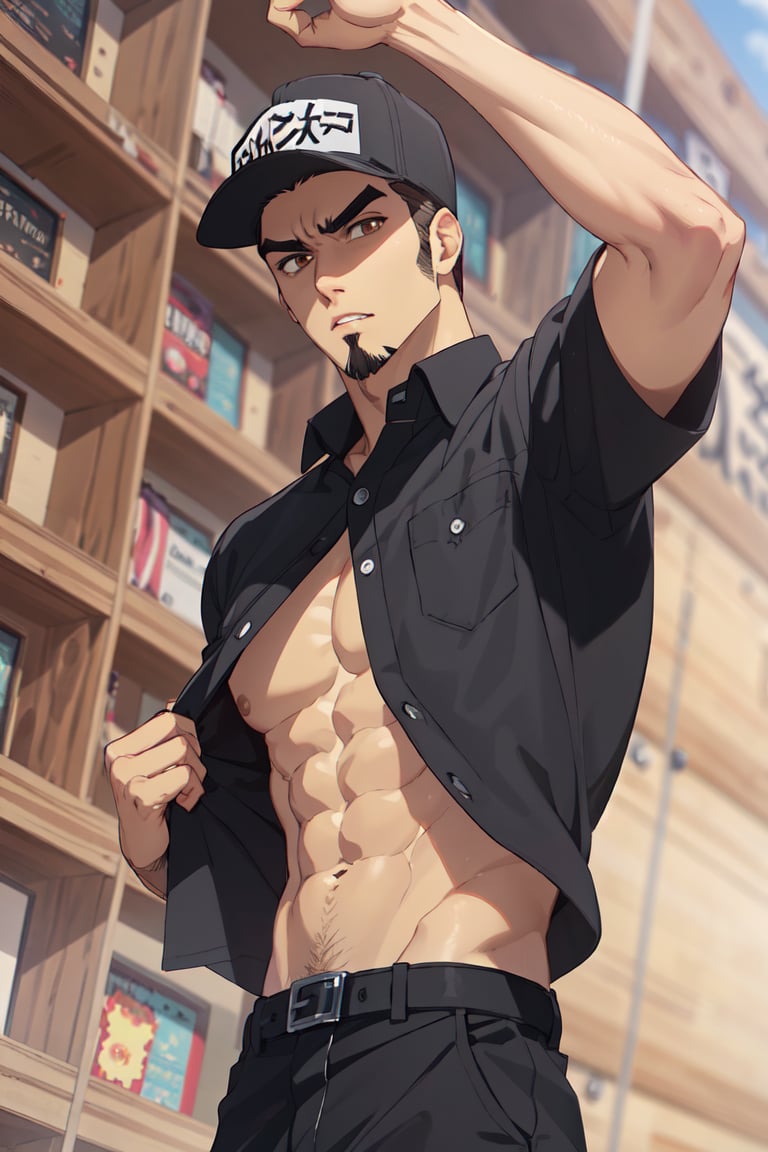 solo male, Memory T Cell\(Cells at Work\), tan skin, brown eyes, intense eyes, angled eyebrows, facial hair, goatee, sideburns, black uniform, black collared shirt, undressing, pecs, abs, black pants, (wearing cap, black cap), boots, mature, handsome, charming, alluring, fit, silm, slender, standing, upper body, perfect anatomy, perfect proportions, best quality, masterpiece, high_resolution, dutch angle, cowboy shot, photo background, perfect eyes
