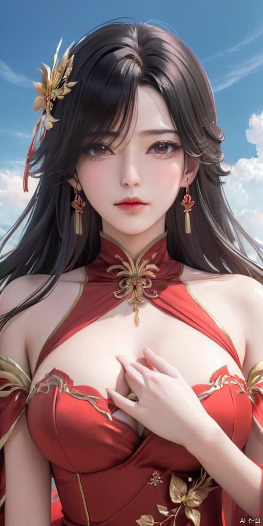  1girl, solo, long hair, breasts, looking at viewer, black hair, hair ornament, dress, jewelry, upper body, earrings, sky, red dress, hand on own chest, MeiDuSa, JHJH, xinyue