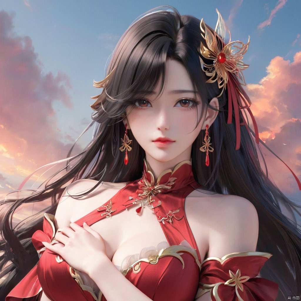  1girl, solo, long hair, breasts, looking at viewer, black hair, hair ornament, dress, jewelry, upper body, earrings, sky, red dress, hand on own chest, MeiDuSa, JHJH, xinyue