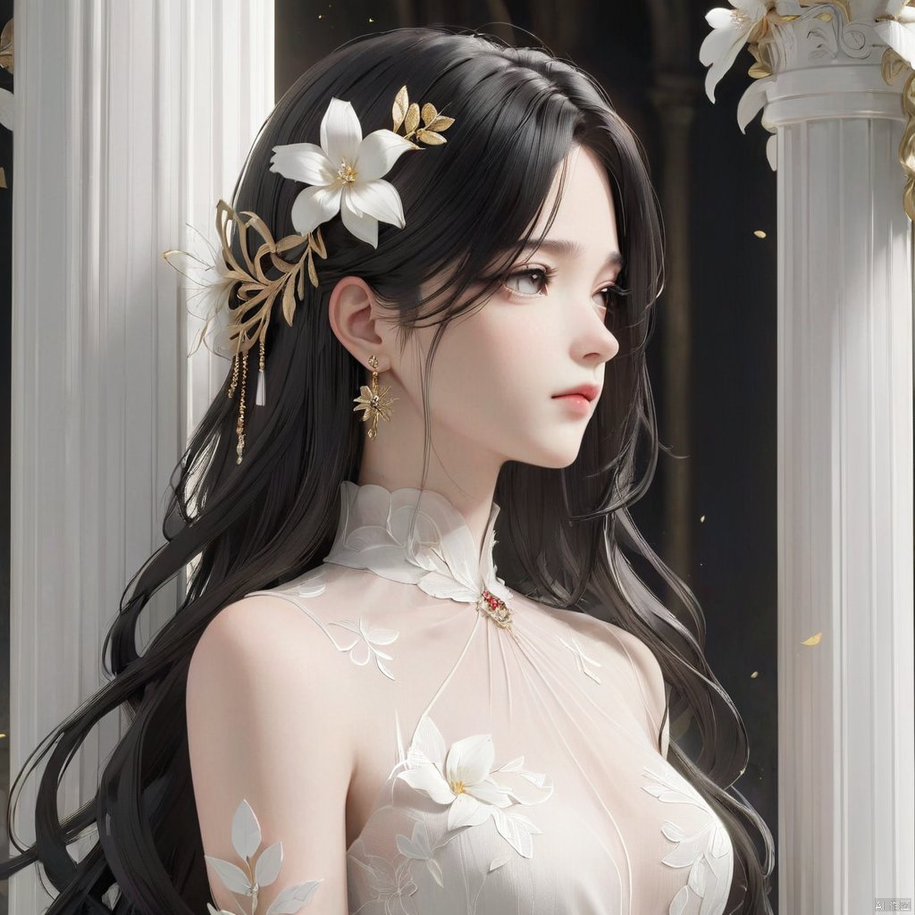 1girl, solo, long hair, black hair, hair ornament, dress, jewelry, closed mouth, upper body, flower, earrings, white dress, clothing cutout, expressionless, pillar