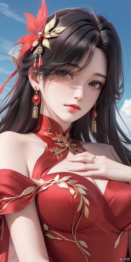  1girl, solo, long hair, breasts, looking at viewer, black hair, hair ornament, dress, jewelry, upper body, earrings, sky, red dress, hand on own chest, MeiDuSa, JHJH, xinyue