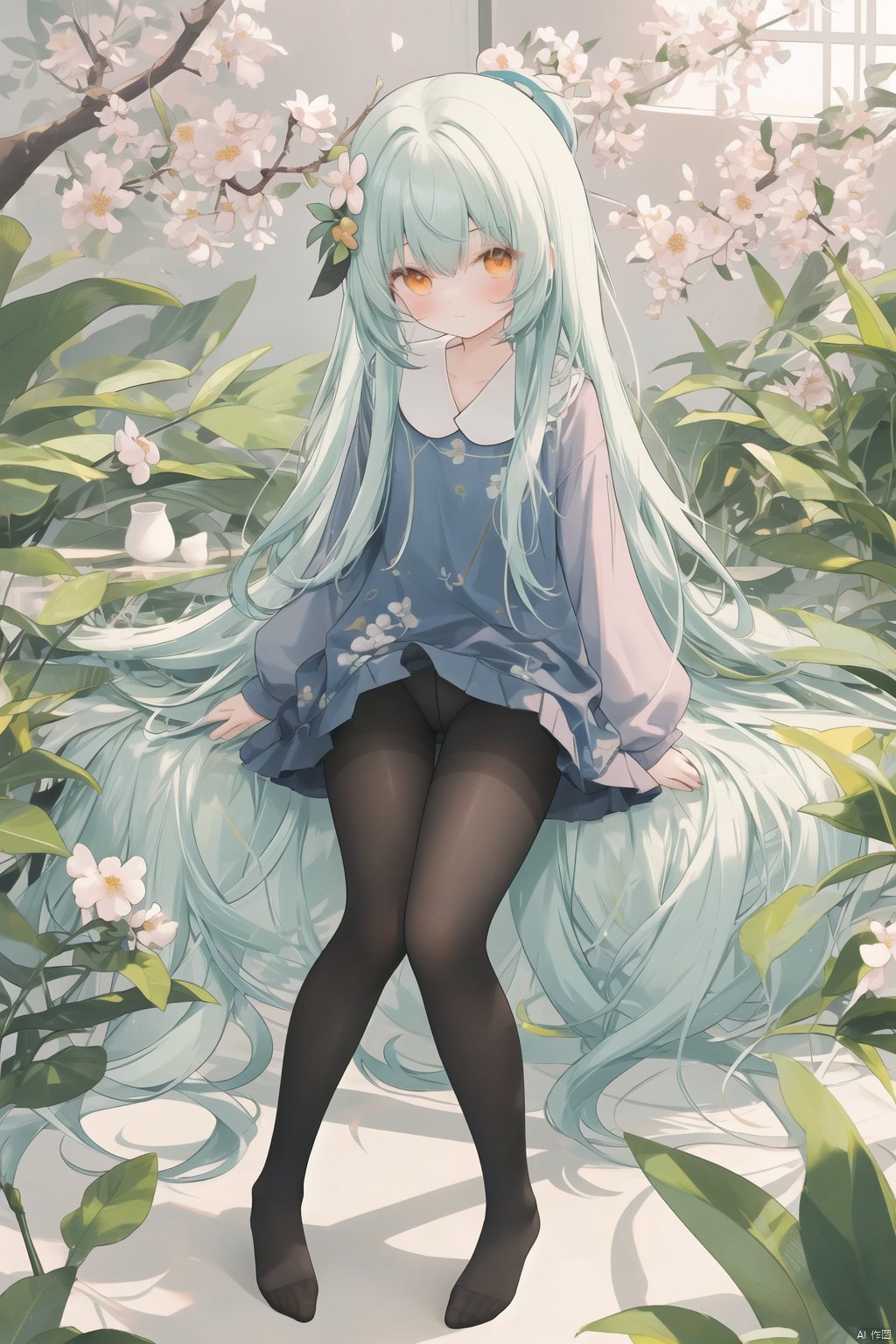 chen_bin,1girl,mint hair,orange eyes,clover hair ornament,long hair,disheveled hair,messy hair,plum blossoms,blue pajamas,branch,dragonfly,full body,mismatched legwear, white legwear, black legwear,pantyhose, xinniang, backlight, black pantyhose,