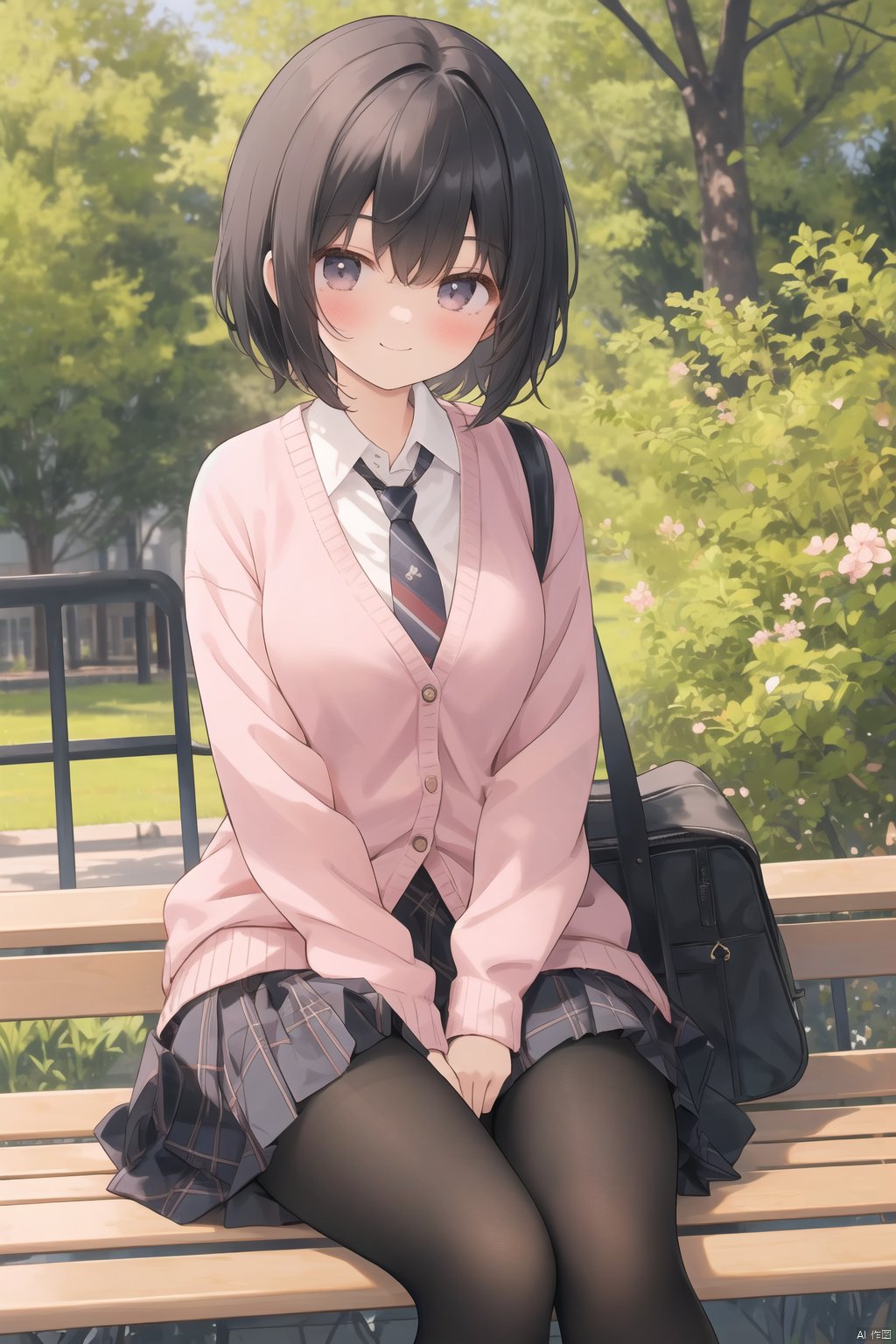 chen_bin,1girl,check skirt,school uniform,smile,black short hair,necktie,bag,cardigan, looking at viewer,blazer,plaid,plaid skirt,black pantyhose,school bag,hands on legs,smile,closed_mouth,sitting on bench,Sakura trees,outdoor


