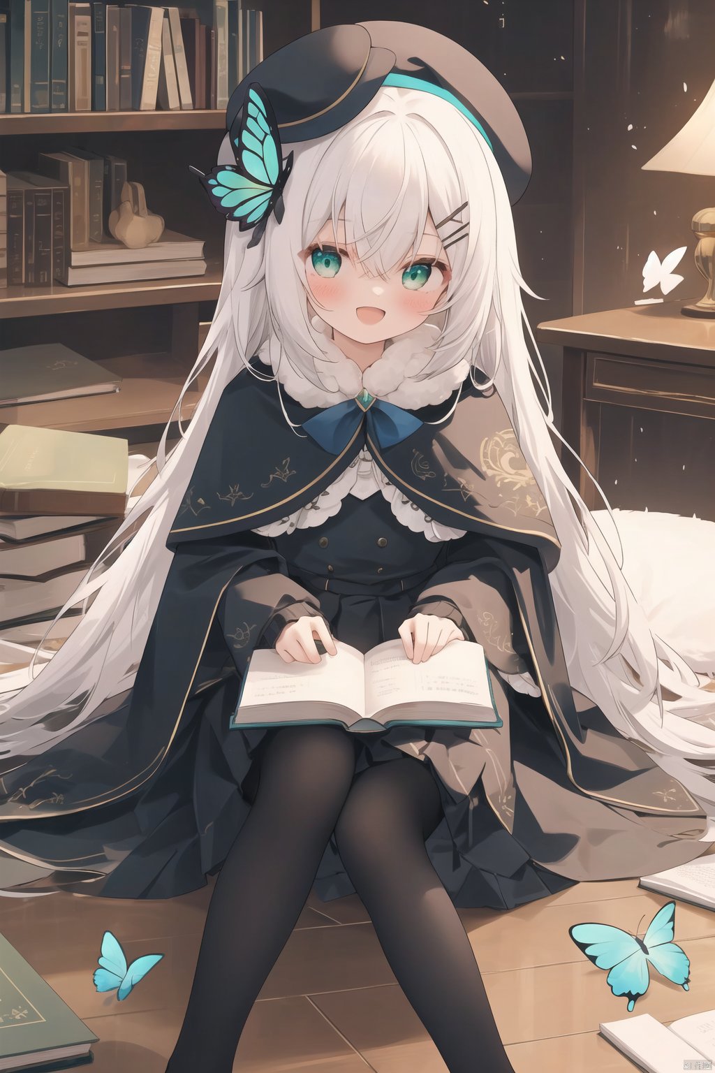 chen_bin,1girl, solo, green_eyes, long_hair, bug, hair_ornament, hat, book, butterfly, looking_at_viewer, no_shoes, pantyhose, long_sleeves, bangs, blush, feet, sitting, black_headwear, skirt, white_hair, ahoge, hair_between_eyes, x_hair_ornament, smile, open_mouth, capelet, sleeves_past_wrists, sweater, :d, beret, blue_butterfly, hairclip, book_stack, very_long_hair, black_capelet