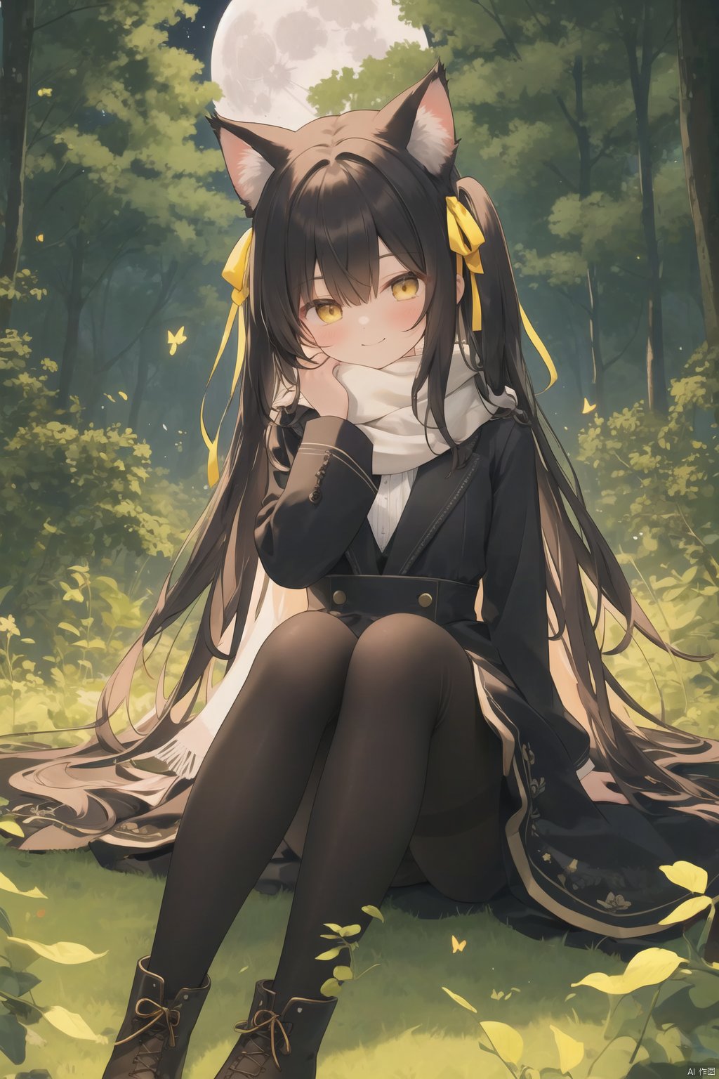 chen_bin, 1girl, cat, solo, long hair, pantyhose, scarf, black hair, butterfly, sitting, nature, bug, argyle, night, forest, tree, moon, breath, smile, yellow eyes, hair bow, boots, bow, dress, full moon, brown eyes, black pantyhose, argyle legwear, hair ribbon, ribbon,half closed Eyes, backlight,


