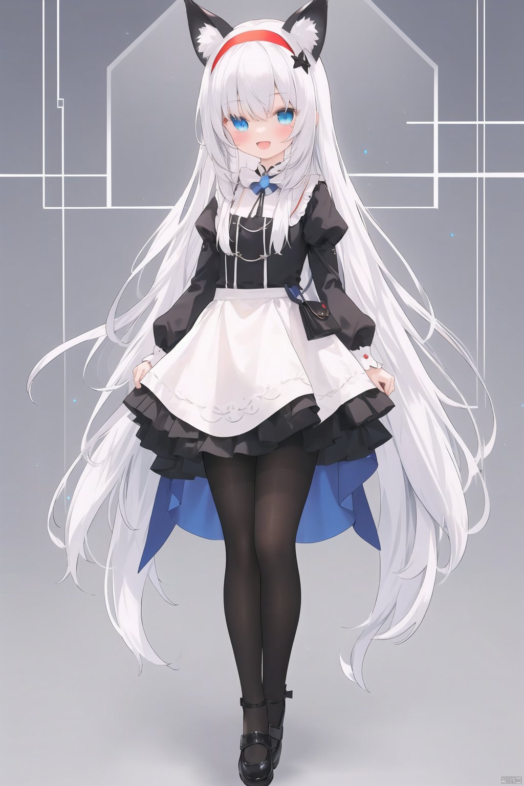 chen_bin,qb, 1girl, solo, long hair, smile, animal ears, blue eyes, black footwear, hairband, pantyhose, shoes, long sleeves, :d, heterochromia, white pantyhose, full body, puffy sleeves, red hairband
