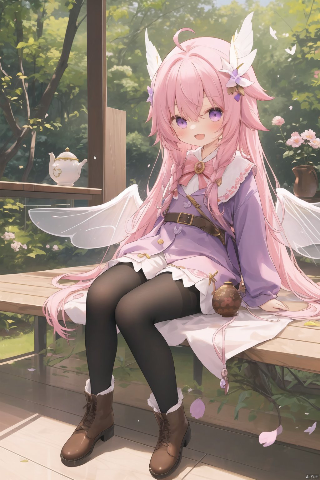 chen_bin,1girl,loli,Aroma,solo, long hair, smile, open mouth, hair ornament, long sleeves, purple eyes, full body, flower, ahoge, :d, pantyhose, boots, wings, shorts, bag, tree, cup, brown footwear, crown, teacup, fairy wings, fairy, teapot,
