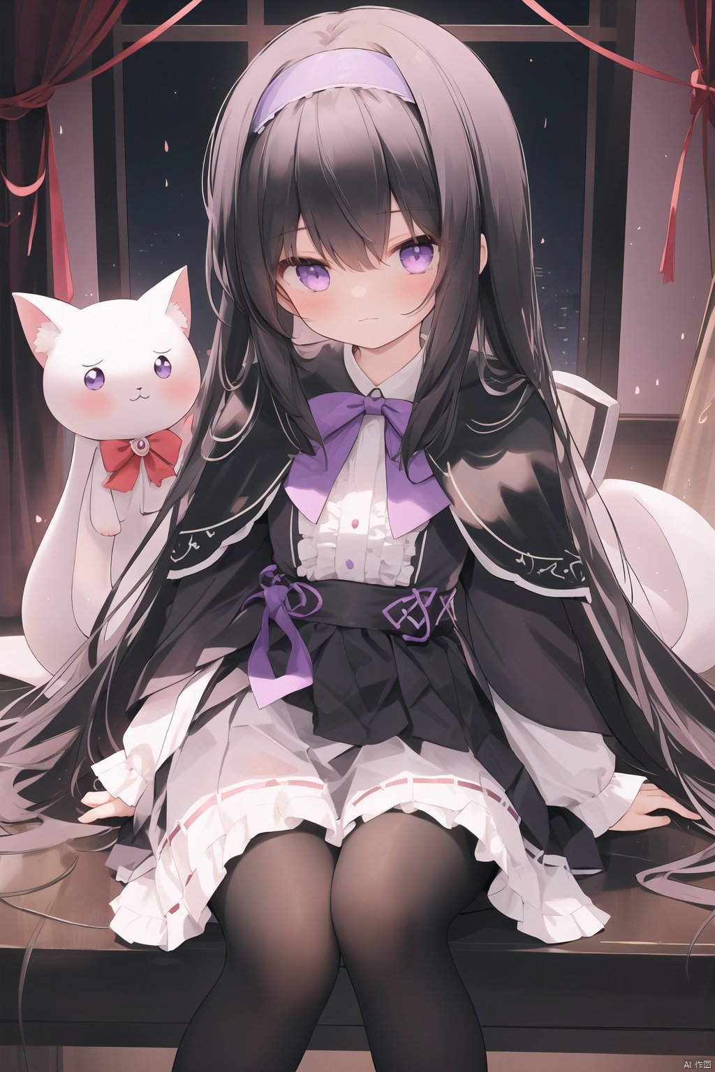 chen_bin,1girl, akemi homura, sitting, long hair, pantyhose, black hair, purple eyes, hairband, kyubey, long sleeves, skirt, looking at viewer, argyle legwear, bangs, capelet, black pantyhose, frills, closed mouth, feet out of frame, black hairband, frilled skirt, ribbon, magical girl, :3, shirt, argyle, creature, knees together feet apart, neck ribbon, expressionless, on lap, white shirt, solo