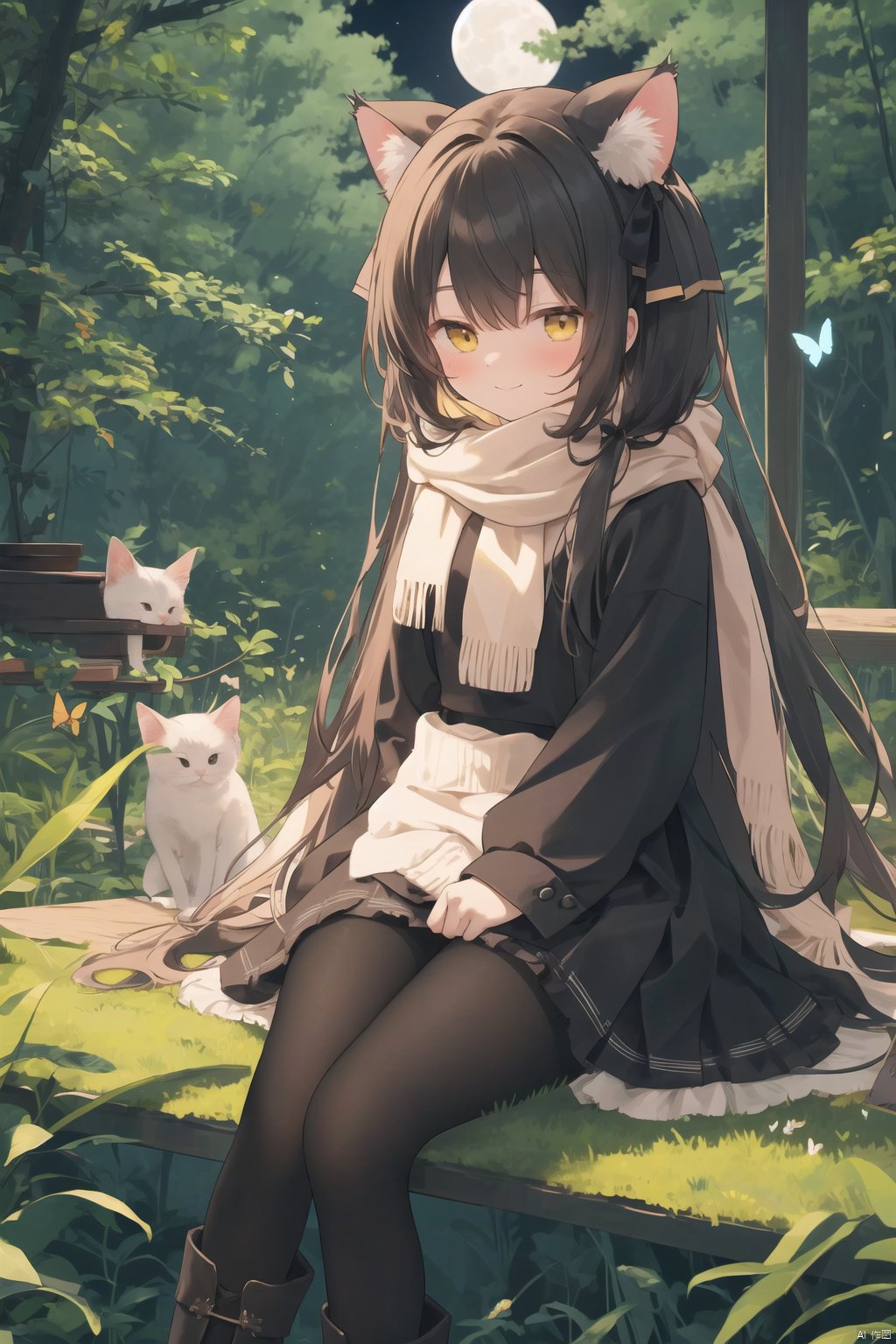 chen_bin, 1girl, cat, solo, long hair, pantyhose, scarf, black hair, butterfly, sitting, nature, bug, argyle, night, forest, tree, moon, breath, smile, yellow eyes, hair bow, boots, bow, dress, full moon, brown eyes, black pantyhose, argyle legwear, hair ribbon, ribbon,half closed Eyes, backlight,


