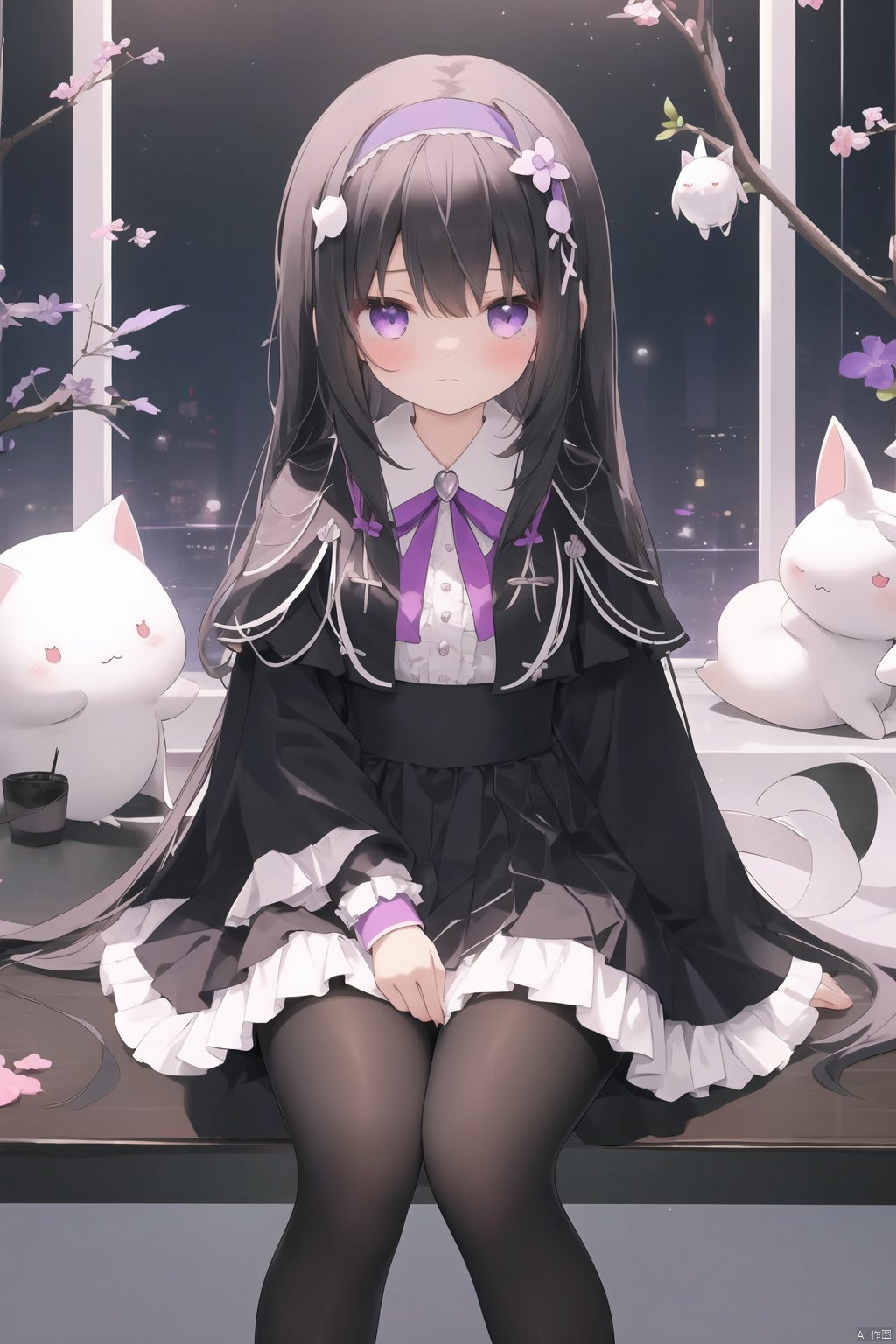 chen_bin,1girl, akemi homura, sitting, long hair, pantyhose, black hair, purple eyes, hairband, kyubey, long sleeves, skirt, looking at viewer, argyle legwear, bangs, capelet, black pantyhose, frills, closed mouth, feet out of frame, black hairband, frilled skirt, ribbon, magical girl, :3, shirt, argyle, creature, knees together feet apart, neck ribbon, expressionless, on lap, white shirt, solo