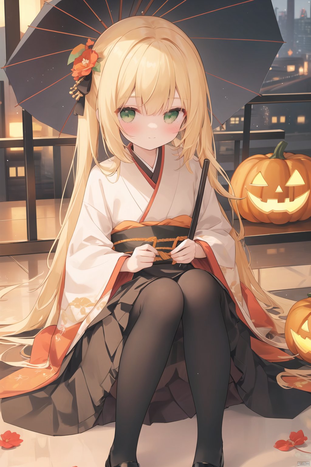  chen_bin,(best quality), (masterpiece), 1girl, solo, umbrella, long_hair, blonde_hair, oil-paper_umbrella, sitting, socks, japanese_clothes, jack-o'-lantern, blush, holding_umbrella, hair_ornament, shoes, holding, kimono, wide_sleeves, flower, hair_flower, looking_at_viewer, long_sleeves, kneehighs, black_skirt, skirt, black_footwear, bangs, green_eyes, black_socks, mary_janes, frilled_socks, frills, closed_mouth, halloween, two_side_up, pumpkin, lantern
