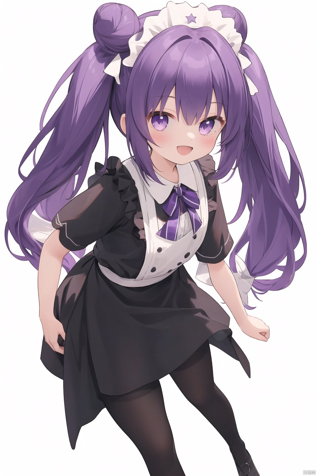 chen_bin,qb, 1girl, hair bun, aged down, looking at viewer, pantyhose, purple eyes, solo, long hair, hair ornament, double bun, purple hair, sidelocks, maid, bangs, twintails, smile, simple background, alternate costume, full body, :d, black pantyhose, short sleeves

