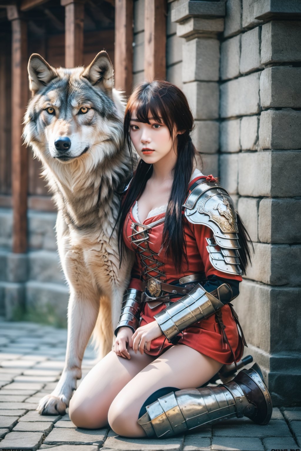 (A red and gold image of a young girl as a warrior woman, dressed in fine armor, with a large gray wolf next to her with it's head nestled on the girl's lap, in the background of an oriental-style scene), masterpiece, HDR, depth of field, wide view, bright background, raytraced, full length body, unreal, mystical, luminous, surreal, high resolution, sharp details, with a dreamy glow, translucent, beautiful, stunning, a mythical being exuding energy, textures, breathtaking beauty, pure perfection, with a divine presence, unforgettable, and impressive.,sexyqni58919407,sexyling54894416