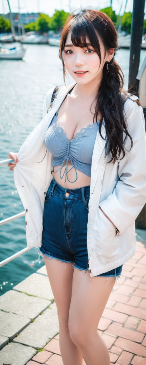 (best quality,masterpiece,highres,raw image,ultra realistic:1.4),realistic detailed,
a full body portrait of a beautiful student model at harbor,eye contact,detailed beautiful azure eyes,well defined eyelashes,black pixe hair,kind smile,crimson lipgloss,bliss,
summer jacket,lacy bustier,exquisite jewelry,intricate ornate jade necklace,gold hoop earrings,
spring natural light,epic sky,cloud,well lit background,BREAK
ultra sharp focus,aesthetic, pure perfection, high definition,ultra high resolution, hdr, art, high detail, add more detail, extreme and intricate details,expressively shaded,
vibrant colors,colorful,sexyling54894416