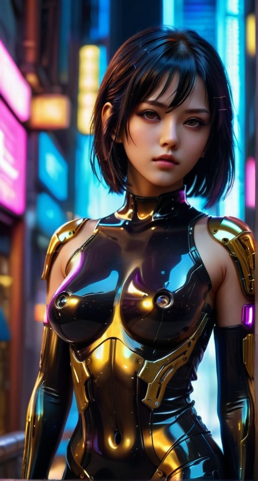 Beautiful full body shot of Reika, black latex bodyshuit, straight black hair, science fiction, cyberpunk city in the background, gantz, In the Style of Cyberpunk 2077, Ultra realistic photo face of a beautiful busty woman, masterpiece, best quality, CG, wallpaper, HDR, high quality, high-definition, extremely detailed, beautiful detailed face, beautiful detailed eyes, detailed light intricate detail, highres, detailed face, extremely detailed face, beautiful face, young woman, Jewel-like eyes, neon light, chiaroscuro, anime style, key visual, intricate detail, highly detailed, breathtaking, vibrant, cinematic,Gold,more detail XL