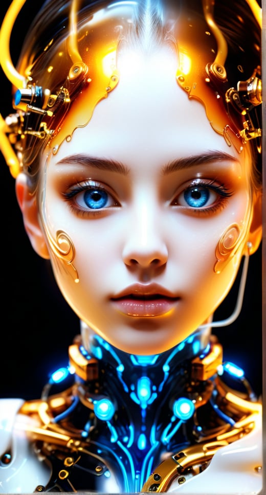 translucent women in biomechanical body, liquid cooling, intricate circuits, beautiful, elegant, white gradient with orang, yellow and golden smoke and blue crystal liquid, stunning, render, hyper realistic, octane render, beautiful detailed face, beautiful detailed eyes, detailed light intricate detail, highres, detailed face, extremely detailed face, beautiful face, young woman, Jewel-like eyes, neon light, chiaroscuro, anime style, key visual, intricate detail, highly detailed, breathtaking, vibrant, cinematic,Gold,more detail XL