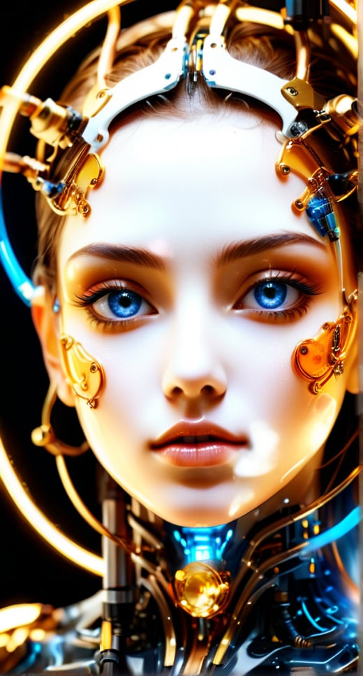 translucent women in biomechanical body, liquid cooling, intricate circuits, beautiful, elegant, white gradient with orang, yellow and golden smoke and blue crystal liquid, stunning, render, hyper realistic, octane render, beautiful detailed face, beautiful detailed eyes, detailed light intricate detail, highres, detailed face, extremely detailed face, beautiful face, young woman, Jewel-like eyes, neon light, chiaroscuro, anime style, key visual, intricate detail, highly detailed, breathtaking, vibrant, cinematic,Gold,more detail XL