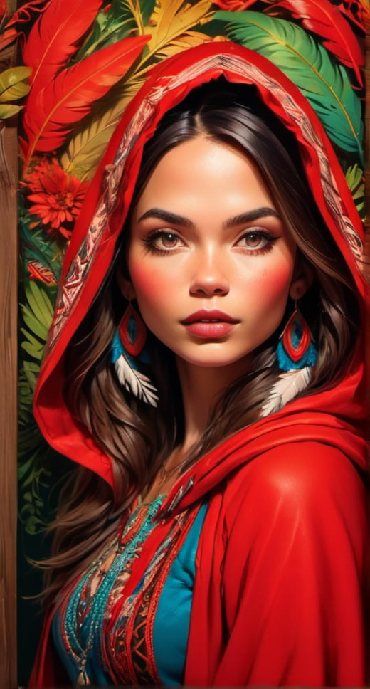 A captivating hyperrealistic photo of a tribal-inspired Red Riding Hood. The character is adorned in a vibrant red hood and cloak, intricately designed with tribal patterns and motifs. Her eyes are filled with curiosity, dancing near bonfire. The setting is a mystical forest, with towering trees bearing colorful leaves and vines intertwined. The backdrop includes a tribal village, with huts made of wooden logs and thatched roofs, casting a warm and inviting atmosphere. natural skin, best quality textures, very high resolution,Enhanced All