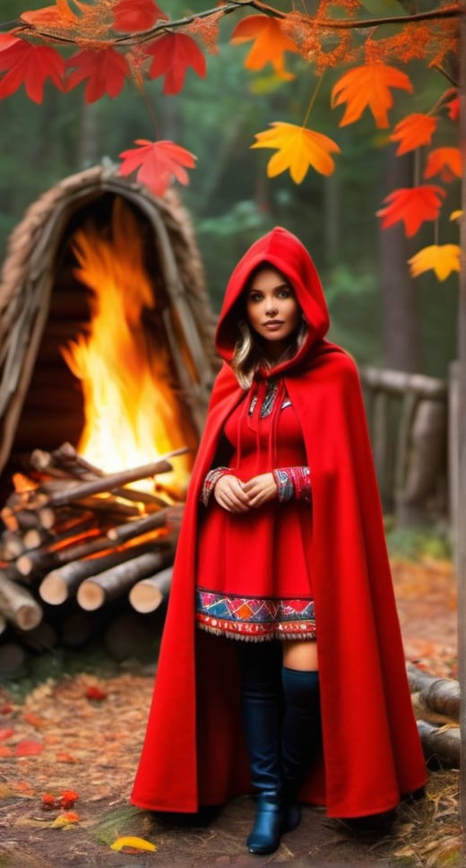 A captivating hyperrealistic photo of a tribal-inspired Red Riding Hood. The character is adorned in a vibrant red hood and cloak, intricately designed with tribal patterns and motifs. Her eyes are filled with curiosity, dancing near bonfire. The setting is a mystical forest, with towering trees bearing colorful leaves and vines intertwined. The backdrop includes a tribal village, with huts made of wooden logs and thatched roofs, casting a warm and inviting atmosphere. natural skin, best quality textures, very high resolution