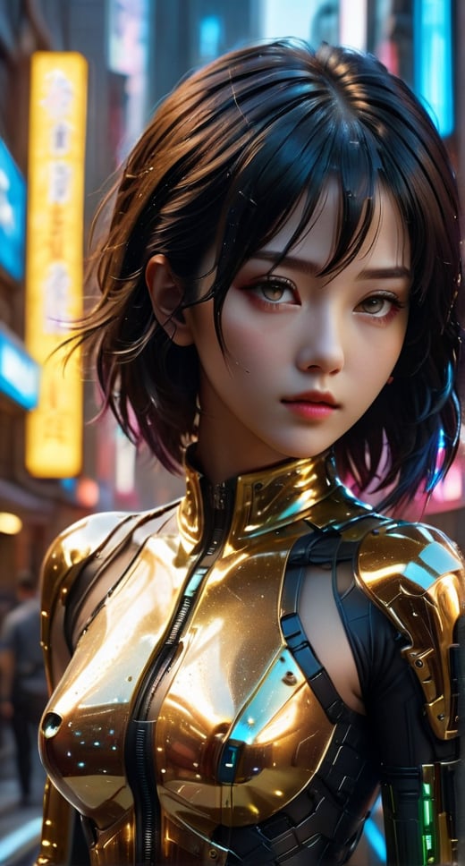 Beautiful full body shot of Reika, black latex bodyshuit, straight black hair, science fiction, cyberpunk city in the background, gantz, In the Style of Cyberpunk 2077, Ultra realistic photo face of a beautiful woman, masterpiece, best quality, CG, wallpaper, HDR, high quality, high-definition, extremely detailed, beautiful detailed face, beautiful detailed eyes, detailed light intricate detail, highres, detailed face, extremely detailed face, beautiful face, young woman, Jewel-like eyes, neon light, chiaroscuro, anime style, key visual, intricate detail, highly detailed, breathtaking, vibrant, cinematic,Gold,more detail XL