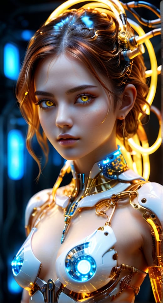 Full body image translucent women in biomechanical body, liquid cooling, intricate circuits, beautiful, elegant, white gradient with orang, yellow and golden smoke and blue crystal liquid, stunning, render, hyper realistic, octane render, beautiful detailed face, beautiful detailed eyes, detailed light intricate detail, highres, detailed face, extremely detailed face, beautiful face, young woman, Jewel-like eyes, neon light, chiaroscuro, anime style, key visual, intricate detail, highly detailed, breathtaking, vibrant, cinematic,Gold,more detail XL