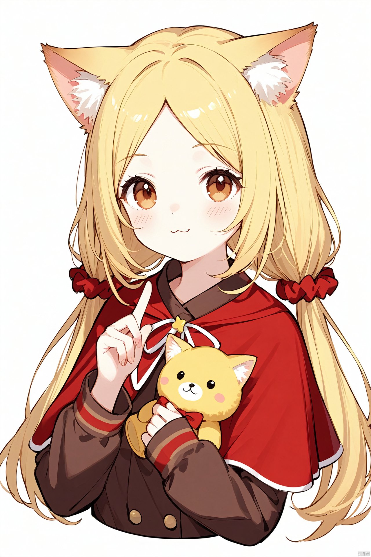  yellow mix cyan, 1girl, animal ears, blonde hair, long hair, white background, simple background, twintails, solo, upper body, long sleeves, cat ears, low twintails, looking at viewer, hair ornament, animal ear fluff, scrunchie, cropped torso, closed mouth, stuffed toy, blush, stuffed animal, hair scrunchie, index finger raised, red capelet, parted bangs, :3, red scrunchie, capelet, bangs, sleeves past wrists, hand up, brown shirt, brown eyes, holding, shirt