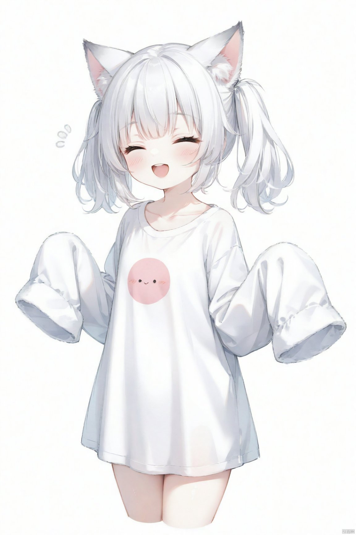  1girl, catgirl,solo,white hair, twintails, blush, smile, shirt, white shirt, long shirt, ^ ^, closed eyes, collarbone, cropped legs, long sleeves, sleeves past fingers, sleeves past wrists, upper teeth only, teeth, white background