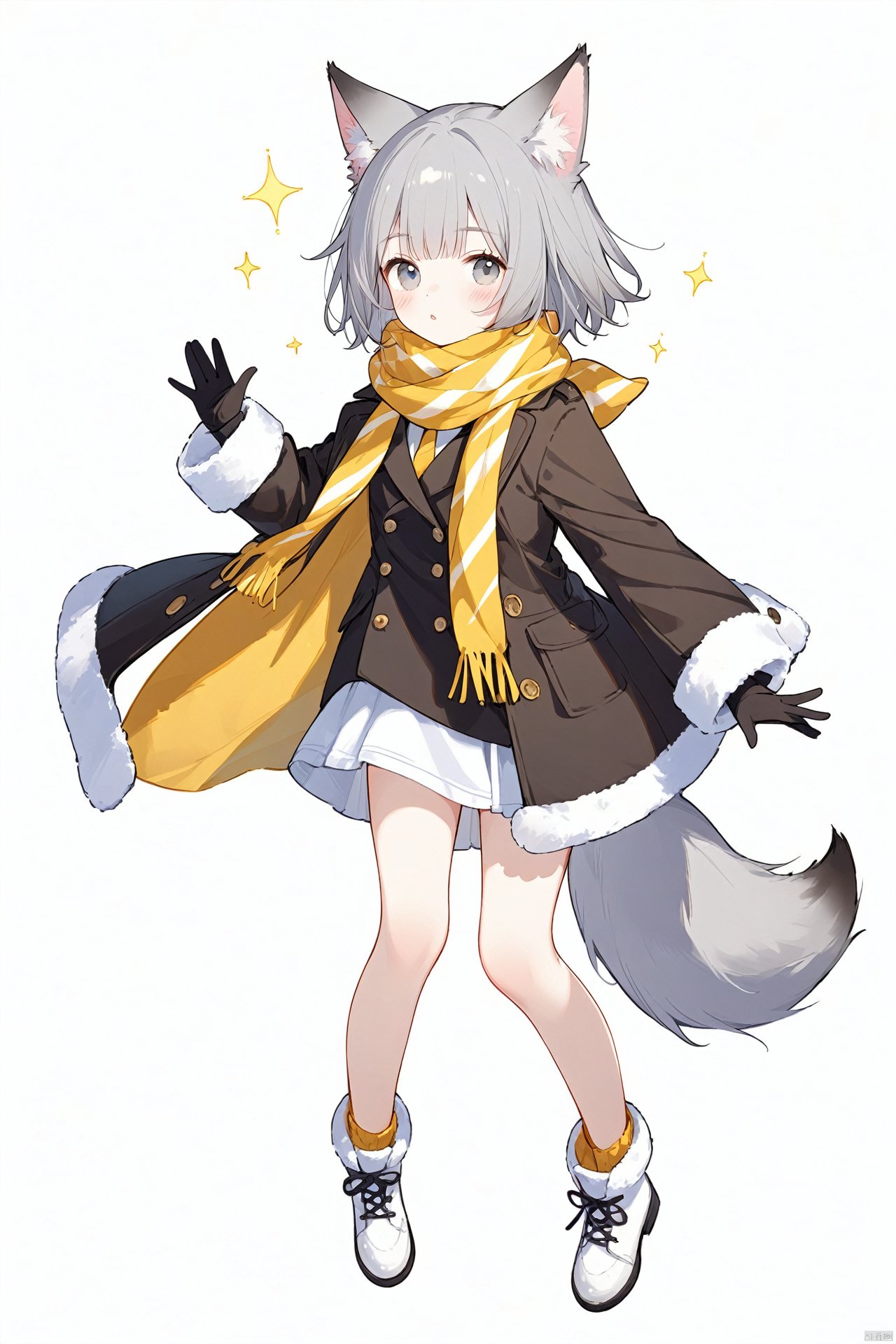  yellow mix cyan, 1girl, solo, looking at viewer, blush, short hair, simple background, gloves, white background, animal ears, jacket, tail, full body, grey hair, black gloves, scarf, coat, grey eyes, fox ears, sparkle, fox tail, white footwear