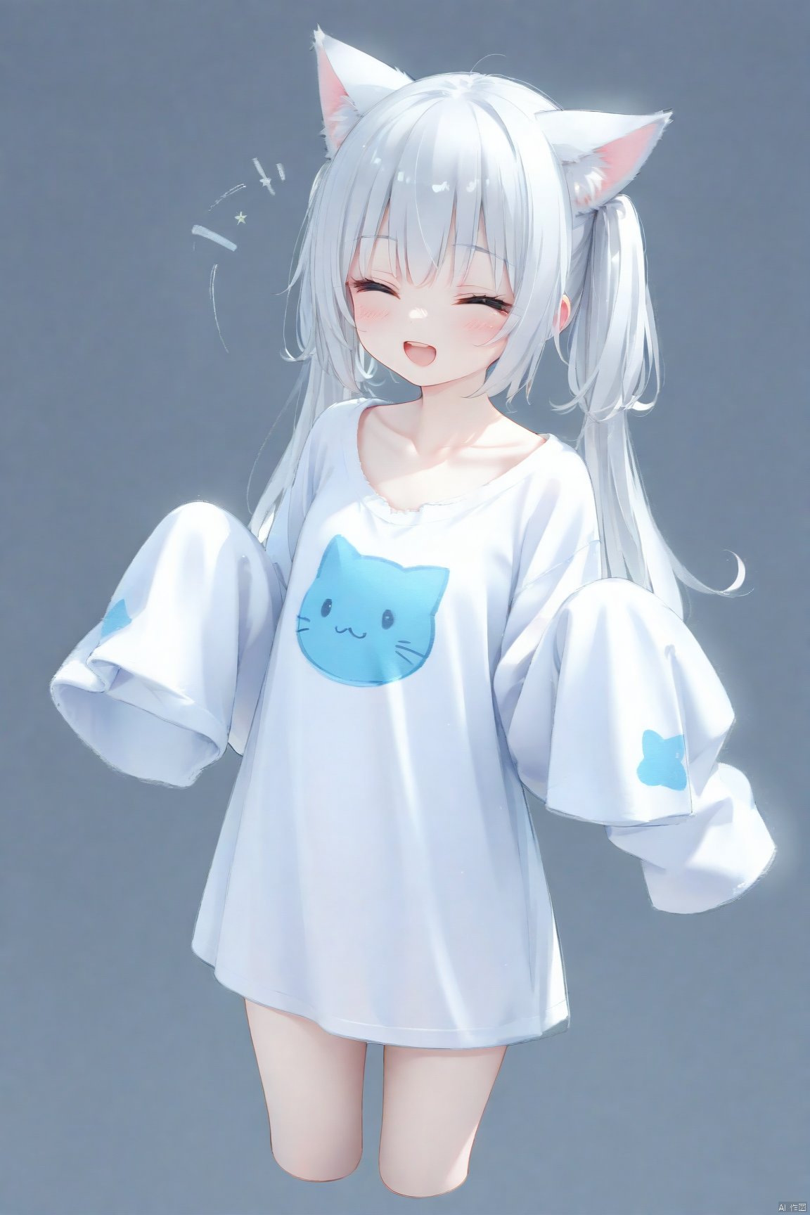  1girl, catgirl,solo,white hair, twintails, blush, smile, shirt, white shirt, long shirt, ^ ^, closed eyes, collarbone, cropped legs, long sleeves, sleeves past fingers, sleeves past wrists, upper teeth only, teeth, white background