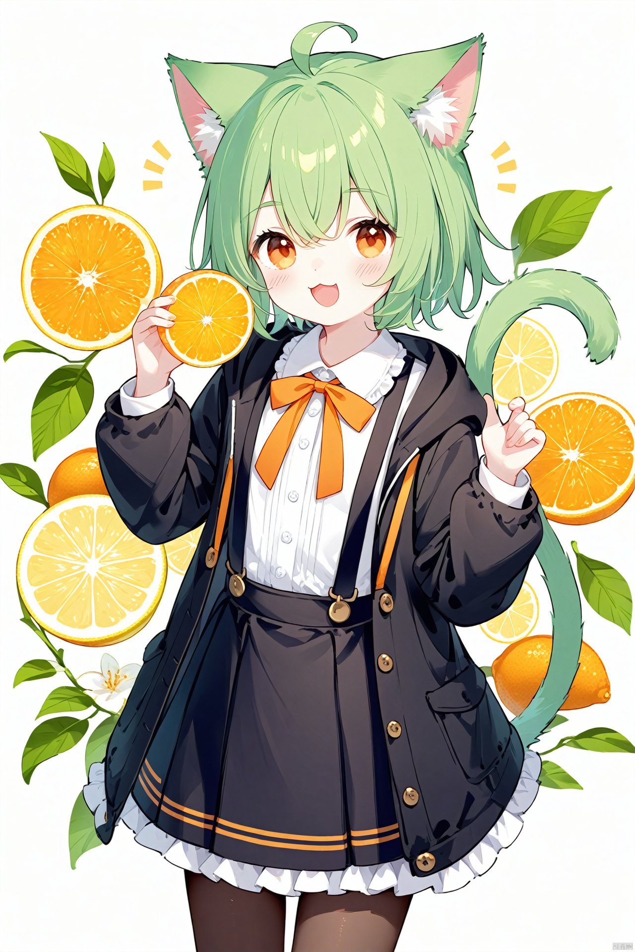 yellow mix cyan, 1girl, animal ears, cat ears, tail, solo, skirt, cat tail, open mouth, pantyhose, food, fruit, jacket, green hair, shirt, smile, white shirt, black skirt, open clothes, long sleeves, black jacket, open jacket, white background, ahoge, fish, cat girl, suspenders, eyebrows visible through hair, looking at viewer, lemon, :d, bangs, suspender skirt, blush, collared shirt, :3, hair between eyes, orange \(fruit\), brown legwear, brown eyes, black legwear, short hair, simple background, frills, frilled skirt, mandarin orange, animal ear fluff, cowboy shot, hands up, green tail, floral background, lemon slice, orange eyes, notice lines, pleated skirt, hood, pom pom \(clothes\)