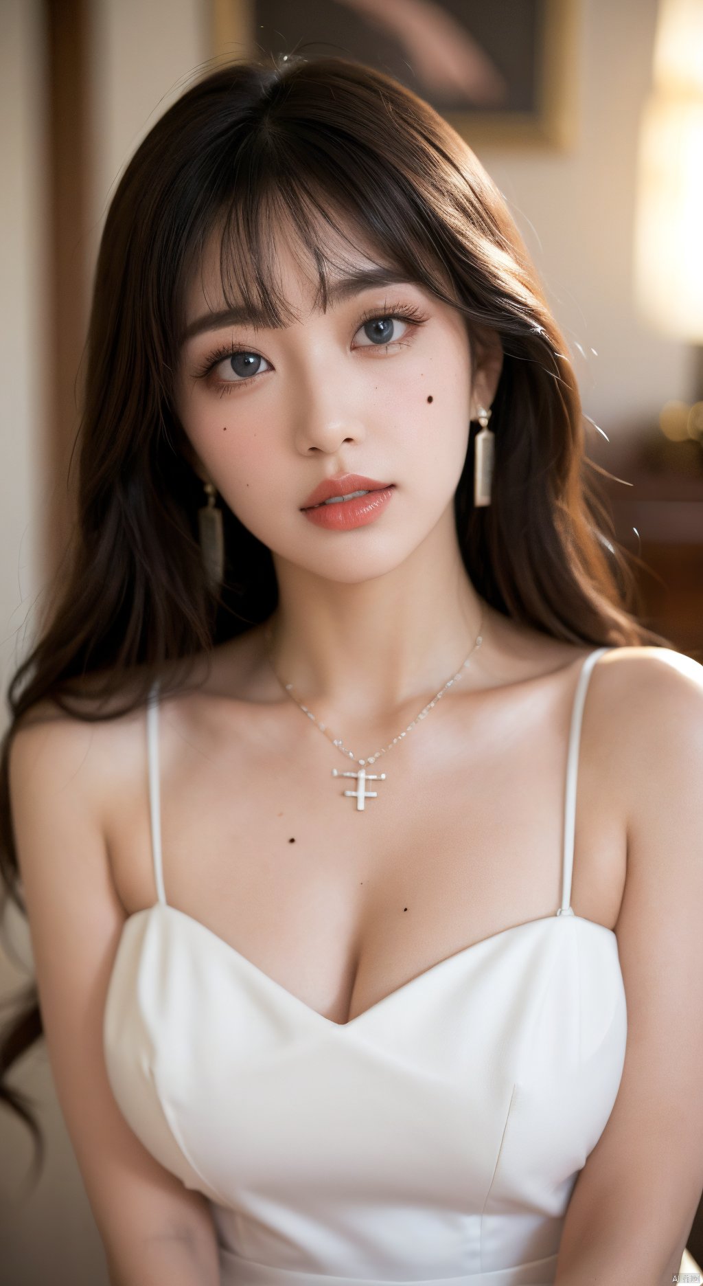  1girl,solo,long hair,breasts,looking at viewer,bangs,blue eyes,brown hair,hair ornament,dress,cleavage,bare shoulders,jewelry,medium breasts,upper body,earrings,parted lips,indoors,necklace,white dress,mole,blurry,lips,head tilt,see-through,eyelashes,makeup,crescent,red lips,full body