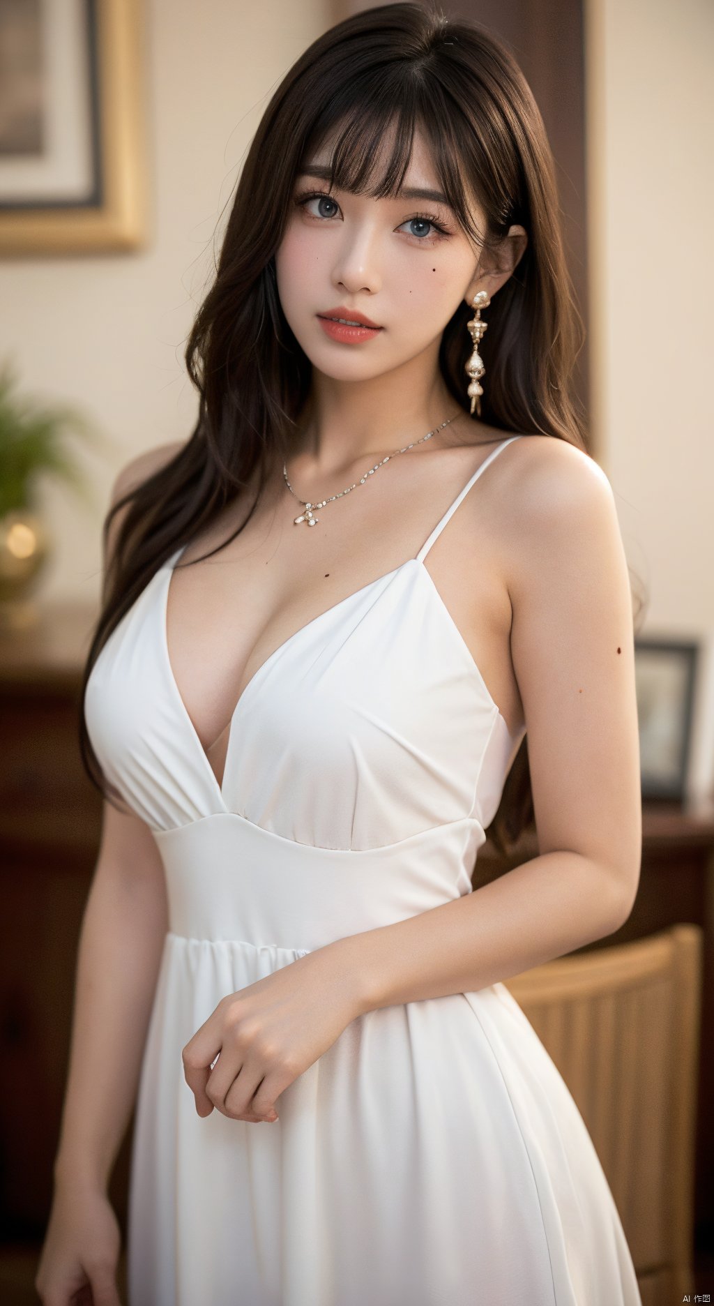  1girl,solo,long hair,breasts,looking at viewer,bangs,blue eyes,brown hair,hair ornament,dress,cleavage,bare shoulders,jewelry,medium breasts,upper body,earrings,parted lips,indoors,necklace,white dress,mole,blurry,lips,head tilt,see-through,eyelashes,makeup,crescent,red lips,full body