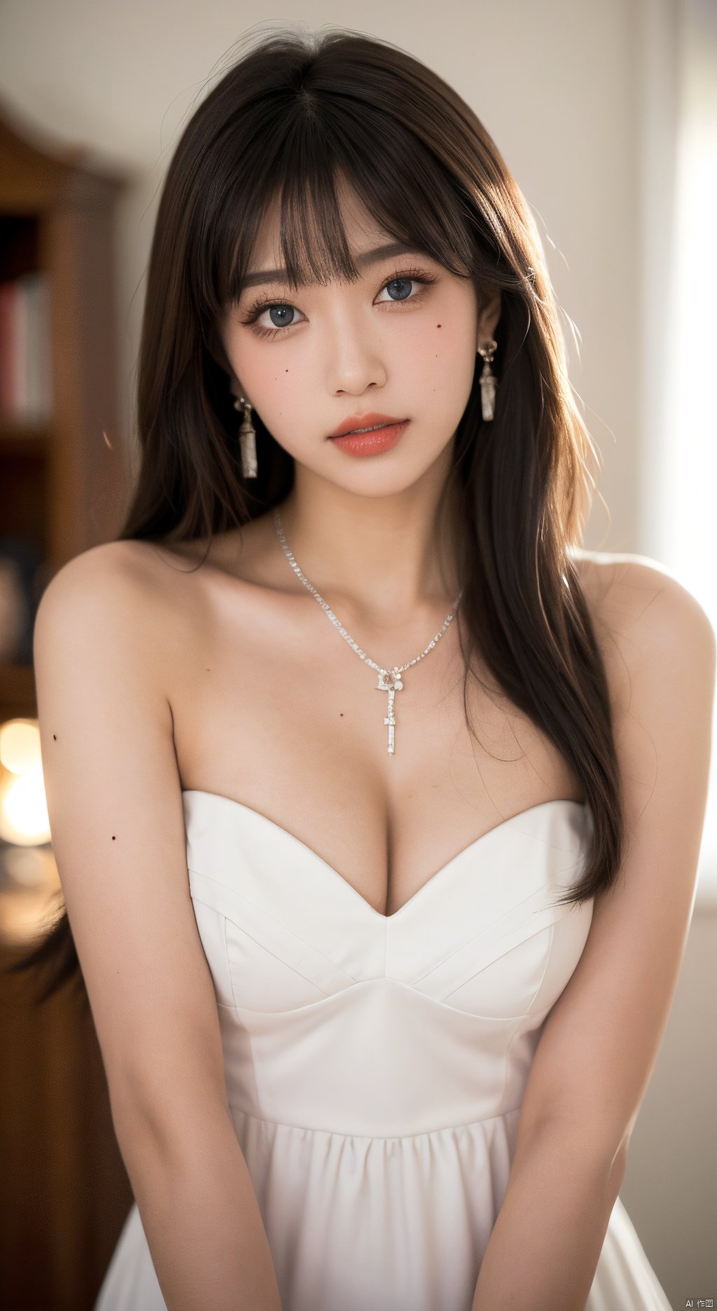  1girl,solo,long hair,breasts,looking at viewer,bangs,blue eyes,brown hair,hair ornament,dress,cleavage,bare shoulders,jewelry,medium breasts,upper body,earrings,parted lips,indoors,necklace,white dress,mole,blurry,lips,head tilt,see-through,eyelashes,makeup,crescent,red lips,full body