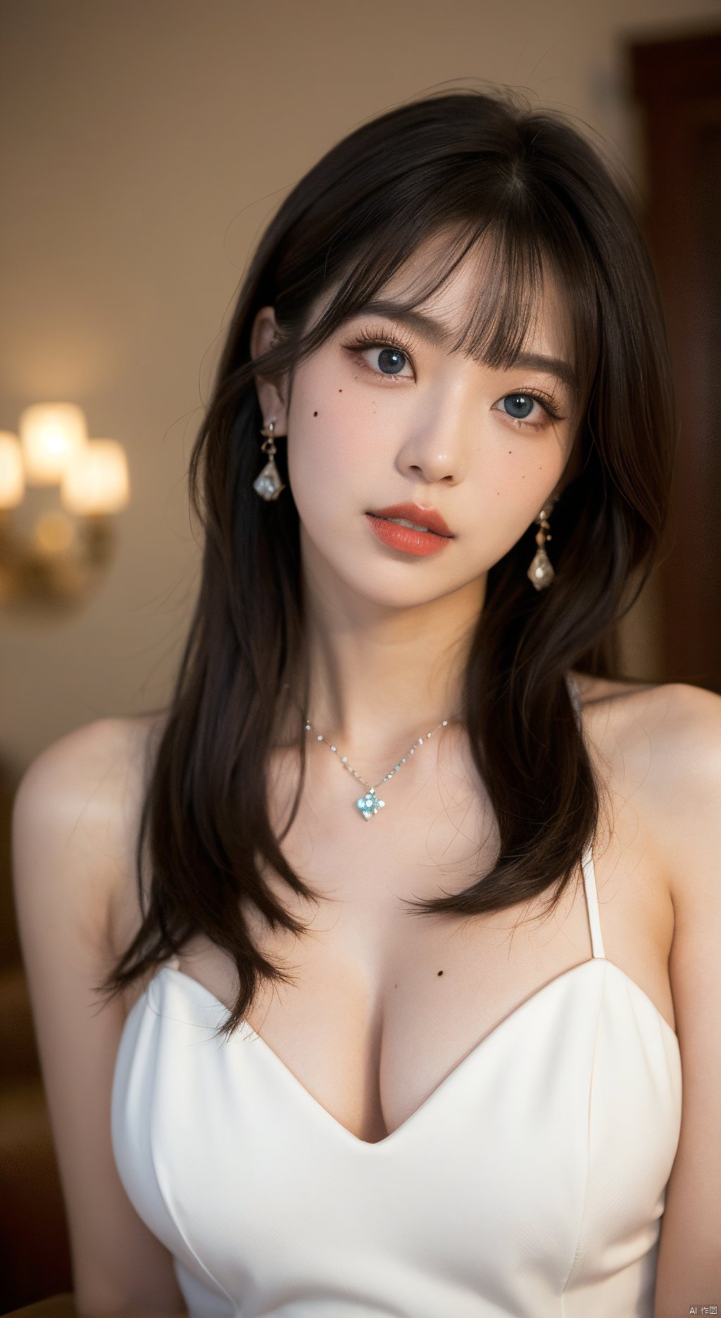  1girl,solo,long hair,breasts,looking at viewer,bangs,blue eyes,brown hair,hair ornament,dress,cleavage,bare shoulders,jewelry,medium breasts,upper body,earrings,parted lips,indoors,necklace,white dress,mole,blurry,lips,head tilt,see-through,eyelashes,makeup,crescent,red lips,full body