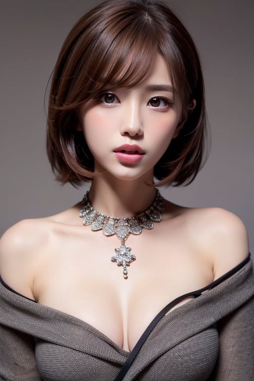 1girl
solo
brown hair
closed mouth
grey background
collar
lips
realistic ,beauty,yui,masterpiece,best quality,1 girl,lisa ,1girl,dd 