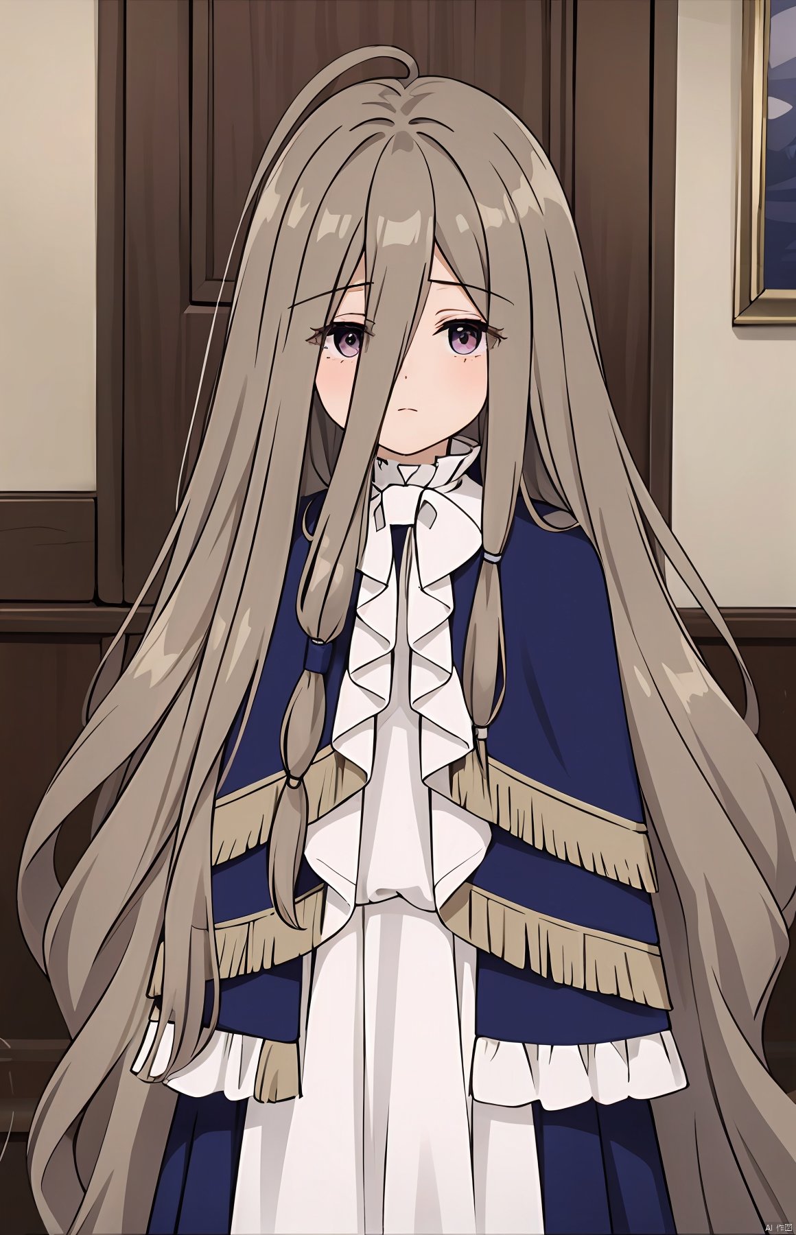  masterpiece,best quality,intricate detail,
1girl, very long hair,wavy hair,hair between eyes,hair tubes,capelet,frills,
handing own braid,
