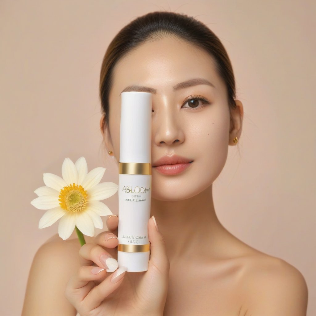 A woman, holding a beauty product written abloom, (abloom: 1.4), more specifically eyecream, (eyecream: 1.0).