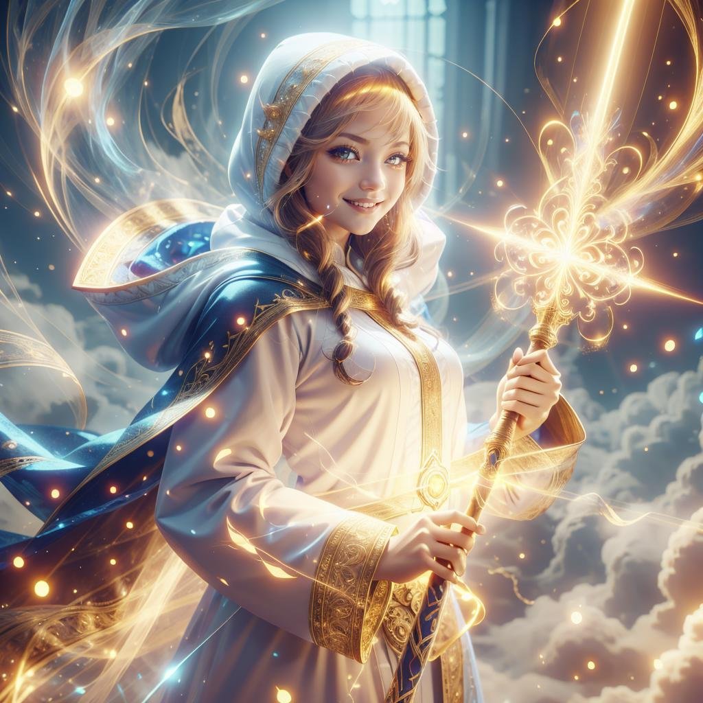 <lora:HolyMagic:0.9>, holymagic , fantasy, divine aura,  magical energy, floating, enchanted robe , holding staff, mage staff , hood up, glowing hair, 1girl,glowing eyes, long hair, closeup, smile