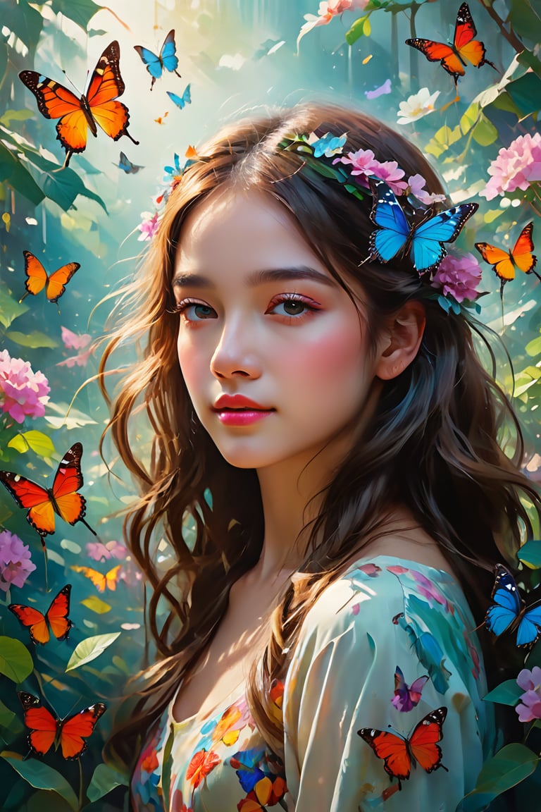 Girl with butterfly head, Surrounded by colorful gardens, Soft and soothing colors, Vibrant flowers, Butterflies flutter around, gentlesunlight, Fantastic atmosphere, Detailed and authentic features, Smooth brushstrokes, Oil painting medium, High quality and high resolution, Magical and surreal style, Fascinating and imaginative scenes, happy and peaceful mood, Intricate patterns on butterfly wings, Delicate petals and leaves, Harmonious composition, Ethereal and charming atmosphere, girl calm expression, Grab your audience's attention, Evoke emotions、A masterpiece that inspires creativity. (Best quality at best, 4K, A high resolution, tmasterpiece:1.2), ultra - detailed, actual:1.37, oil painted, vivd colour, gentlesoftlighting, enchanting Garden, Magical butterflies