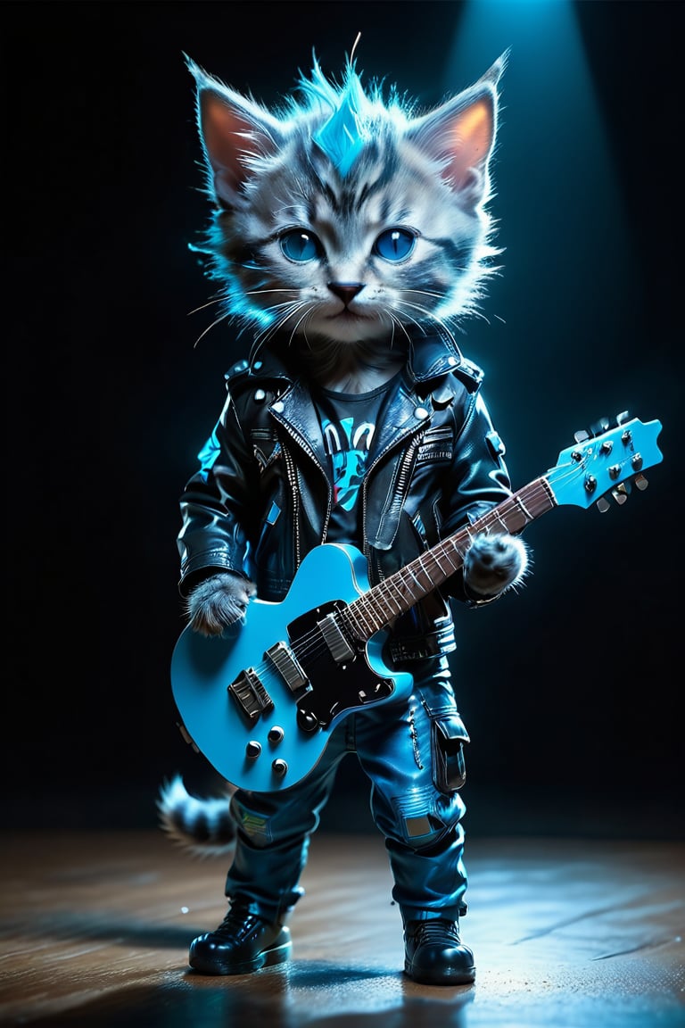 a ((Neon)) Blue alien punk kitten with spiky hair and leather jacket, holding the guitar in one hand and ((Glowing)) An energy drink in another, in the style of BlueAP,Standing on stage, Realistic,((Masterpiece,Best Quality))