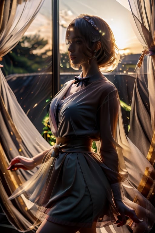 4k ultra high resolution, mature female gazing at the horizon next to the large windows, masterpiece, best quality, aesthetic, gray hair, one piece red lace dress, the loose dress covers the whole legs , bow tie on waist, 1girl, warm sunset light casted from the side, close view, masterpiece, best quality, masterpiece, best quality, aesthetic,watercolor \(medium\),wat3rc0l0r,1boy,xlinex,linewatercolorsdxl,test,shinobido 2 mosu ninja,ninja girl