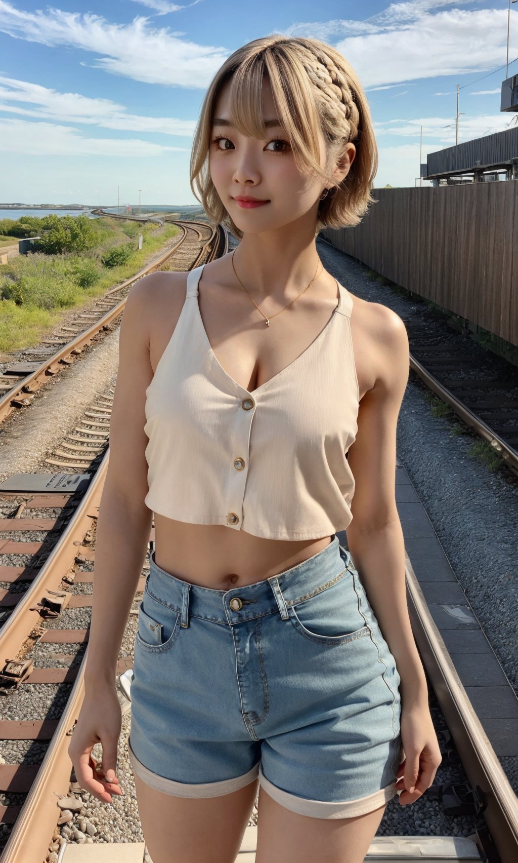 (ultra detailed), (realistic), beautiful, high quality, highres:1.1, aesthetic),mini short jeans, v neck shirt, a girl walking on a ((railroad track)), arms open and smiling, The railroad track is on the water, with the horizon in the distance, NIGHT, neon, spot light to girl, There is no land, The sky is reflected water's surface, white thunderclouds floating deep blue sky, lens flare, ray tracing, photo quality, high contrast summer scene, SILHOUETTE LIGHT PARTICLES,(big eyes:1.2),blush,glossy lips, lean body, sneakers,176cm tall, (narrow waist:1.3), distinct_image, (lustrous skin), solo focus, (white hair), (finely detailed beautiful eyes and detailed face), (streaked hair), light source contrast, ((short hair)), (pureerosface_v1:0.5) , (ulzzang-6500-v1.1:0.5),(kpop idol), (Japanese beauty), Delicate and beautiful eyes and face, perfect body, lustrous skin,Masterpiece,1girl