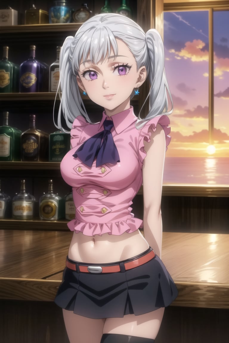 anime, hdr, soft light, ((best quality)), ((masterpiece)), (detailed), 1girl, solo, silver hair, noelle_silva, :), smile, closed mouth, purple eyes, bangs, twintails, lips, arms behind back, ((bar)),(( sunset)),  ((BoarUniform)),  black skirt ,jewelry, (single blue earring), 