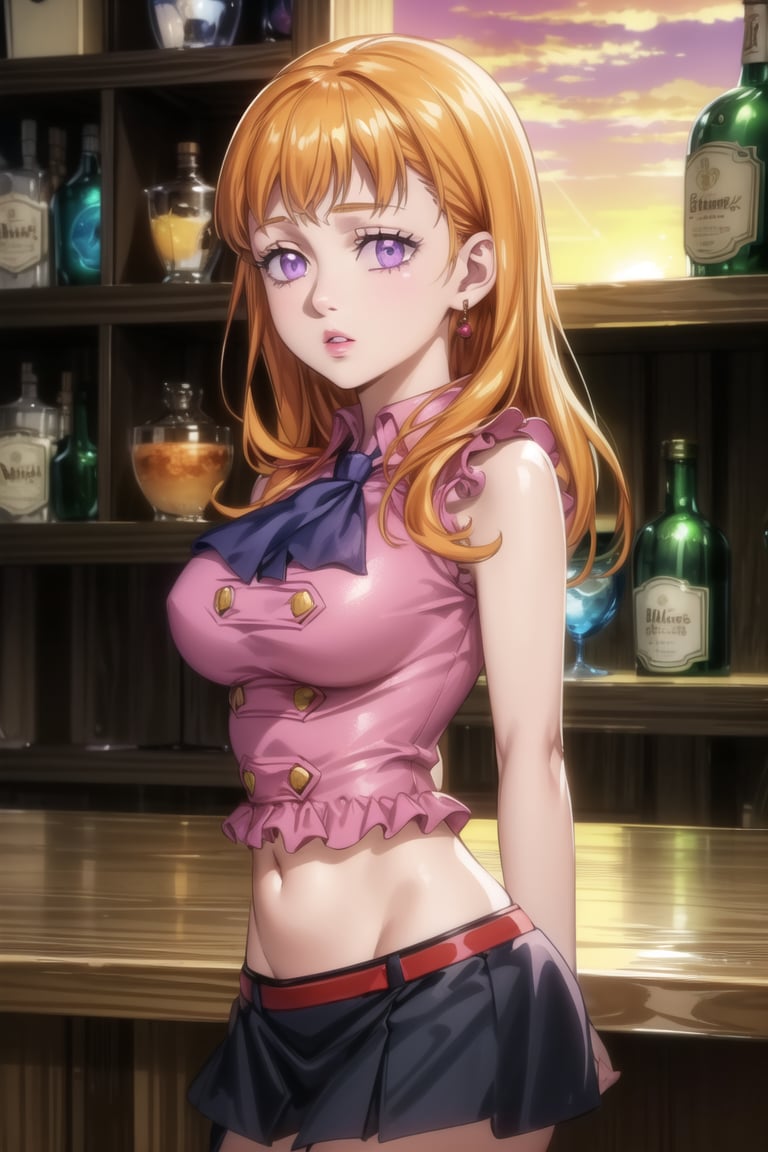 anime, hdr, soft light, ((best quality)), ((masterpiece)), (detailed), 1girl, solo, orange hair, mimosa vermillion, expressionless:1.2, parted lips:1.2, ((purple eyes,glowing eyes)) wavy hair, (lips) makeup, arms behind back, ((bar)),(( sunset)),  ((BoarUniform)),  black skirt ,jewelry, (single earring), 