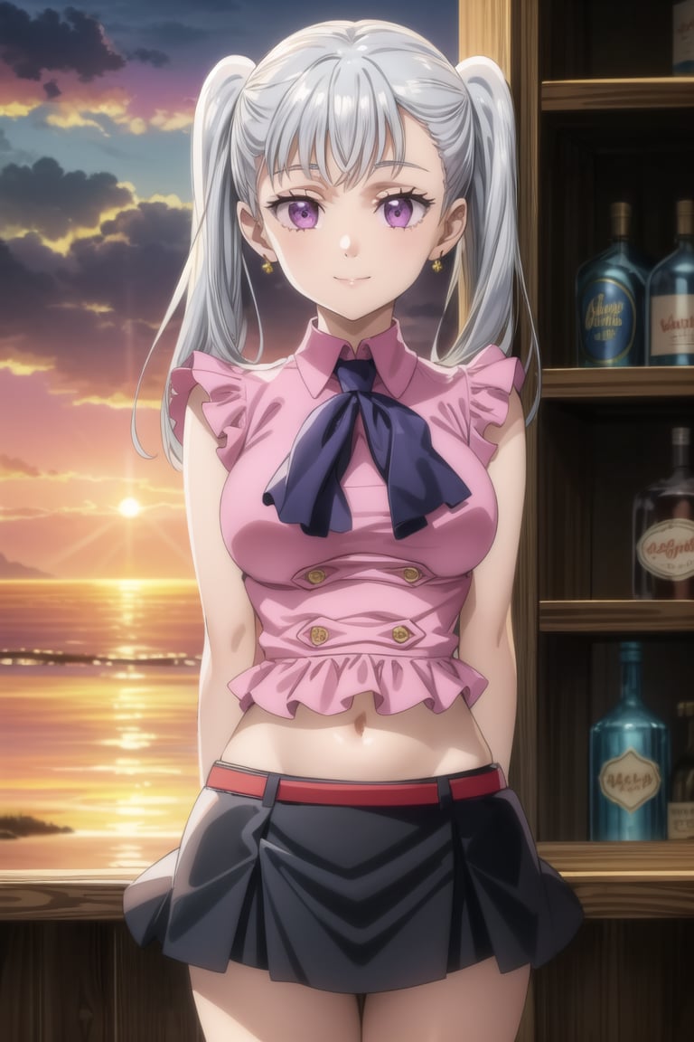 anime, hdr, soft light, ((best quality)), ((masterpiece)), (detailed), 1girl, solo, silver hair, noelle_silva, :), smile, closed mouth, purple eyes, bangs, twintails, arms behind back, ((bar)),(( sunset)),  ((BoarUniform)),  black skirt ,jewelry, (single blue earring), 