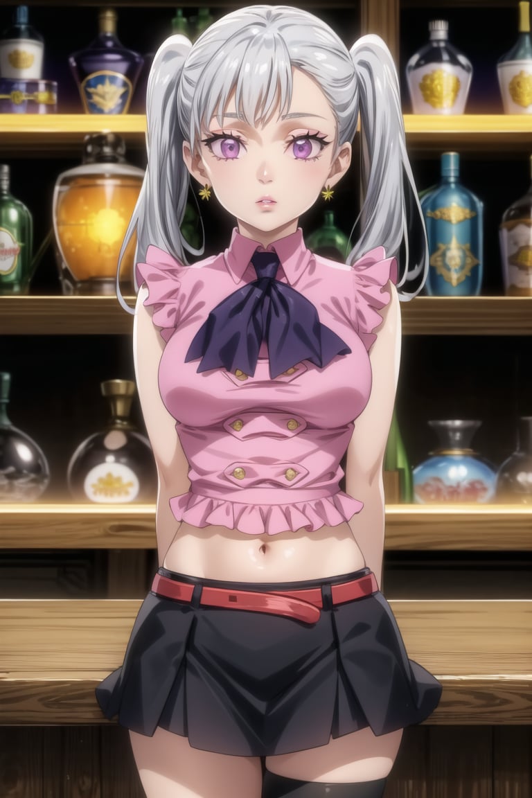 anime, hdr, soft light, ((best quality)), ((masterpiece)), (detailed), 1girl, solo, silver hair, noelle_silva, expressionless:1.2, parted lips:1.2, ((purple eyes,glowing eyes)), twintails, (lips) makeup, arms behind back, ((bar)),(( sunset)),  ((BoarUniform)),  black skirt ,jewelry, (single earring), 